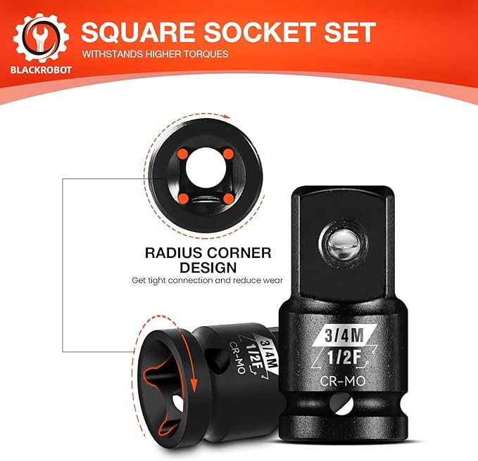 BLACKROBOT 1/2”F To 3/4”M Impact Socket Adapter, Cr-Mo Steel Exceeds ANSI Standards, Square Drive Reducer for Impact Driver Wrench