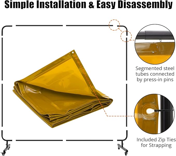 3 Panel 8x6 FT Vinyl Welding Screen with Frame, Flame-Resistant PVC Welding Curtain with Lockable Swivel Wheels, Transparent Welding Screen Panel for Welding Safety, Yellow