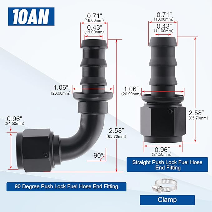 10AN Push Lock Hose Fitting End Kit Straight and 90 Degree Elbow Black Ends with Hose Clamps for Rubber Fuel Line 4PCS