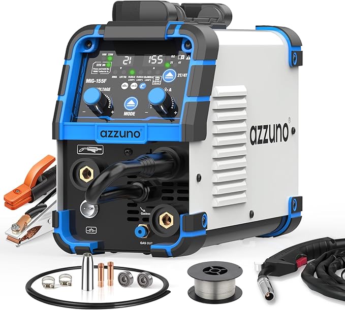 AZZUNO Aluminum 155A MIG Welder 110V/220V, 5-in-1 MIG Welding Machine with Flux Core MIG/Gas MIG/Aluminum MIG/Stick/Lift TIG Welding, Wire Feed Welder Machine