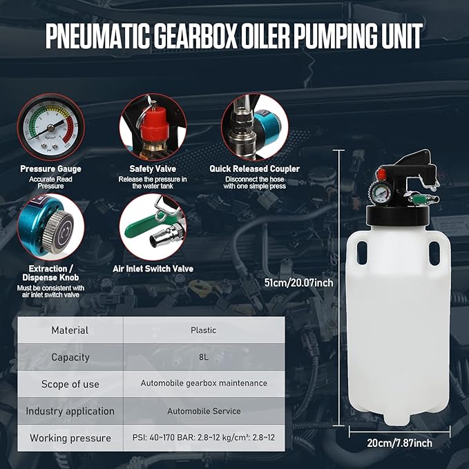 8L Pneumatic Transmission Oil Extractor Pump Set with 20 PCS Filling Adapters, ATF System Fluid Transfer Pump Dispenser Automatic Fluid Extractor Compatible with BMW, Ford, Audi etc.