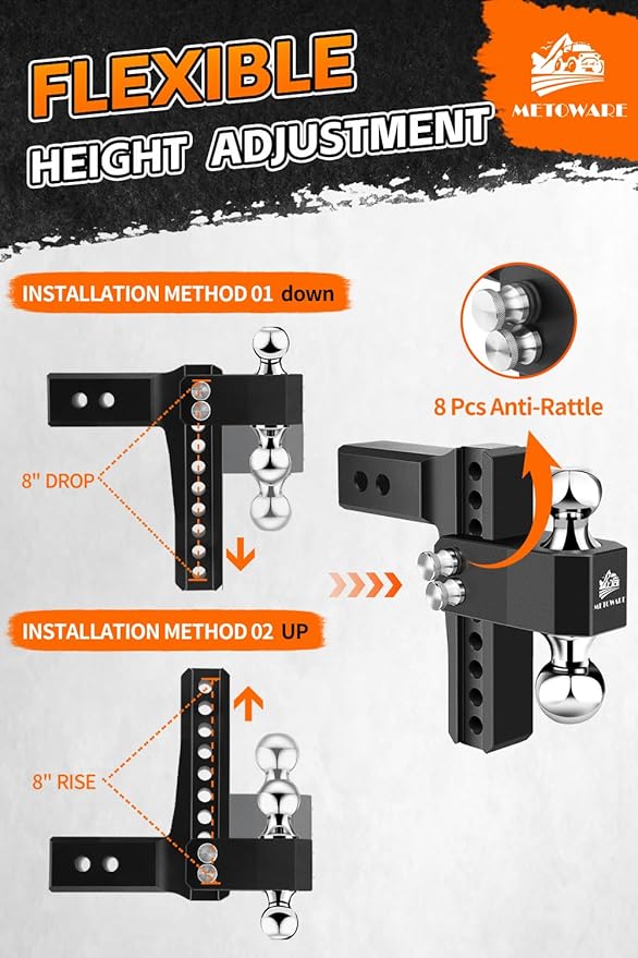 METOWARE Adjustable Trailer Hitch - Aluminum Tow Hitch Fits 2.5-Inch Receiver - Heavy Duty Drop Hitch with 8-Inch Drop/Rise for Truck (18,000 LBS GTW), Double Stainless Steel Locks & Hitch Pin (Black)
