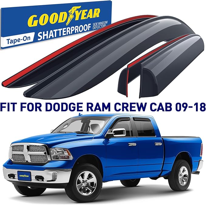 Goodyear Shatterproof Window Deflectors for Dodge Ram 1500 2009-2018 Crew Cab, Tape-on Rain Guards, Window Visors, Vent Deflector Visor, Car Accessories, 4 pcs. - GY008884