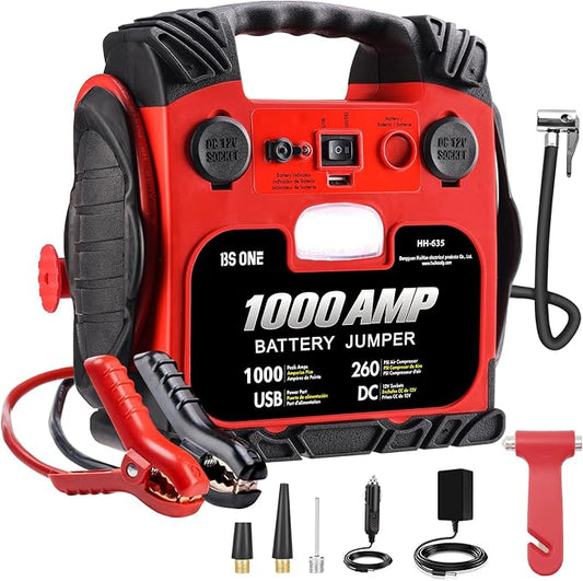BS ONE 1000 Amp Peak Current Car Jump Stater, 12V Lead Acid Battey Jump Box with 260PSI Air Compressor, Jump Starter Battery Pack with Led Light & USB Output
