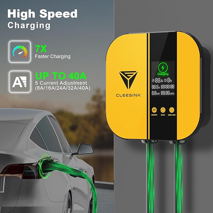 CLEESINK Level 2 EV Charger, 40A 240V Indoor/Outdoor Electric Vehicle Charging Station, NEMA 14-50, 23ft Cable UL Listed Home Electric Car Universal Wall Charger EVSE, Settable Amps & Time, Yellow