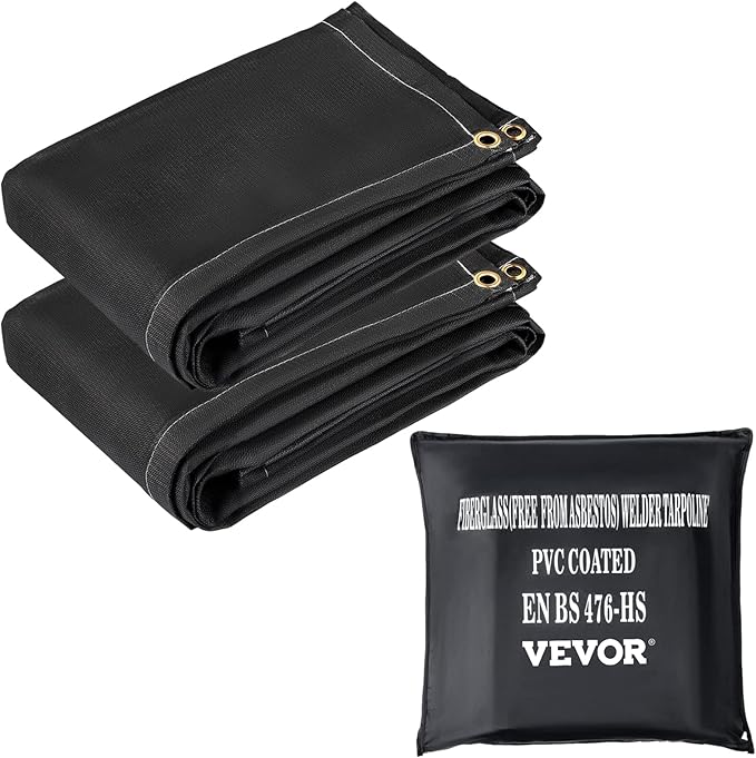 VEVOR Fire Blankets, 2 Pack Welding Blankets, 6' x 10' Fire Suppression Blanket, 1022 °F Flame Retardant Blanket, Black Fire Emergency Blankets, Fiberglass Fire Retardant Blanket with 8 Brass Grommets