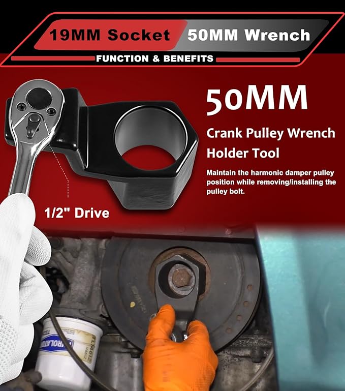 19 mm Harmonic Balancer Socket & 50mm Crankshaft Crank Pulley Wrench Holder Tool Compatible with Honda and Acura Engines | 77080 19mm Crank Bolt Socket | 2 Pack