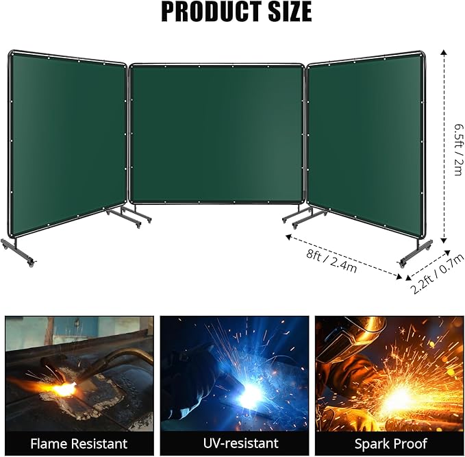 3 Panel 8x6 FT Vinyl Welding Screen with Frame, Flame-Resistant PVC Welding Curtain with Lockable Swivel Wheels, Transparent Welding Screen Panel for Welding Safety, Green