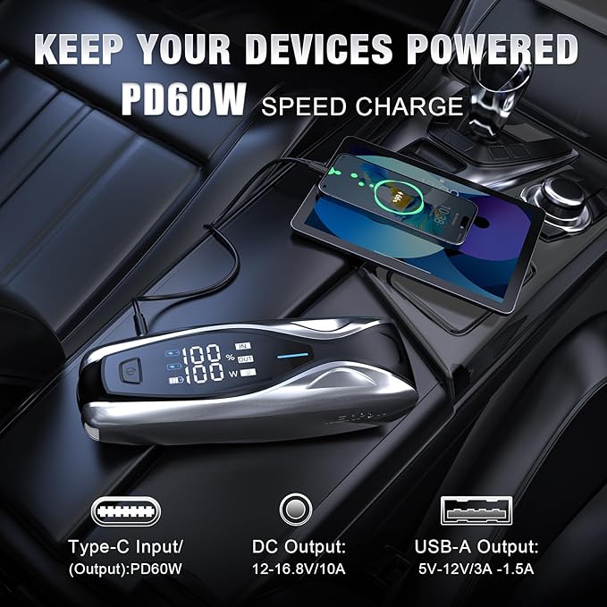 NEXPOW X7 3000A Jump Starter with PD 60W Dual-Way Faster Charging, Car Battery Jump Starter for 12L Gas/10L Diesel Engines, 12V Portable Jump Start Battery Pack with 3.2″ HD Display, IP63 Waterproof