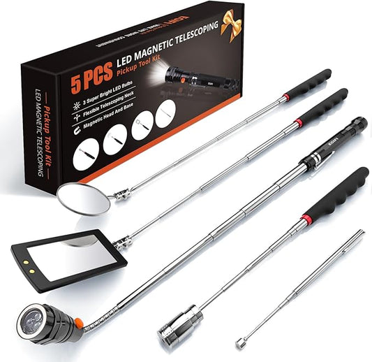 Telescoping Magnetic Pickup Tool Set with 1 & 15 lb Pick Up Sticks, Round and Square Adjustable Inspection Mirror and Flexible LED Flashlight, Christmas Stocking Stuffers for Men Adults, Gifts for Him