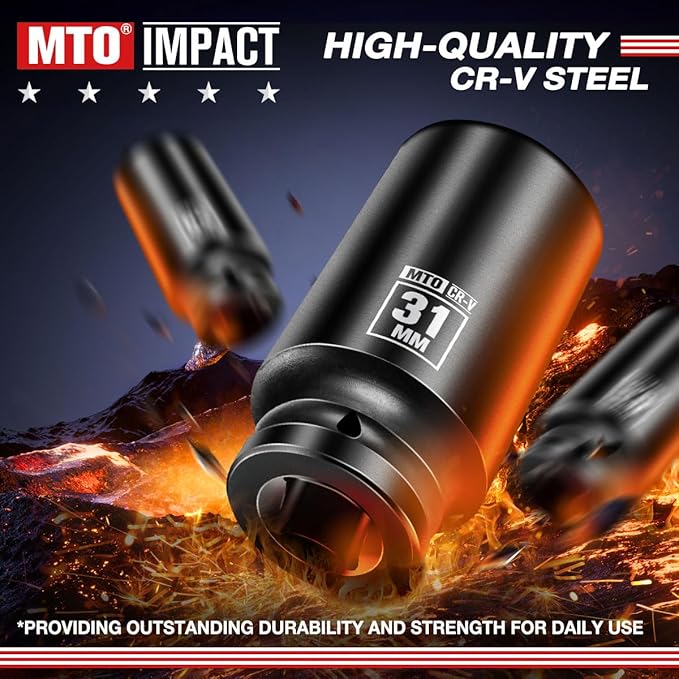 MTO 1/2" Drive 31mm Deep Impact Socket, 6-Point Metric Socket for Automotive Maintaince, CR-V Steel Meets ANSI Standards