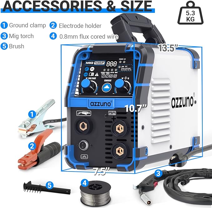AZZUNO 135 Amp MIG Welder, 3 in 1 Multiprocess Welder 110V Flux Core Welder Flux MIG/Lift TIG/Stick Welding Machine Synergic Control IGBT Inverter Welder (volts, 110)