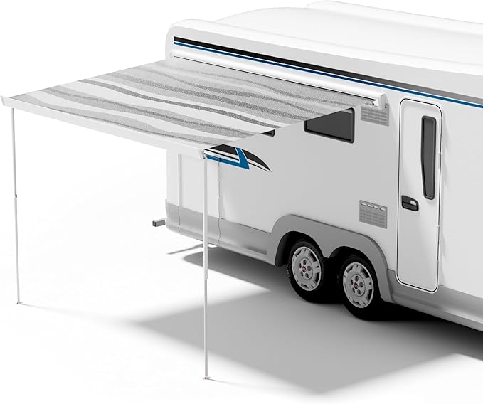 HBN RV Awning Manual Retractable, 6.6FT White Aluminum Side Mount Awning with 6.2FT Gray Striped Vinyl Canopy, Waterproof UV-Resistant, for RVs, Motorhomes, and Travel Trailers