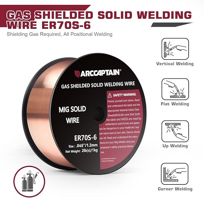 ARCCAPTAIN MIG Welding Wire, MIG Wire ER70S-6 2Lbs Gas Solid Carbon Steel Low Splatter MIG Welding Wire Compatible With Lincoln Miller Forney Harbor Welder (0.045" 2Lb)