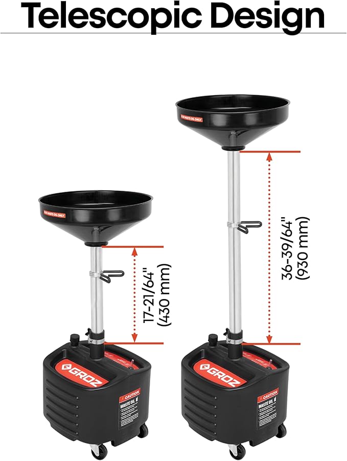 Groz 8 Gallon Waste Oil Drain Pan - Wheeled, Adjustable Height, Spill-Proof Design, Tool Storage (44605)