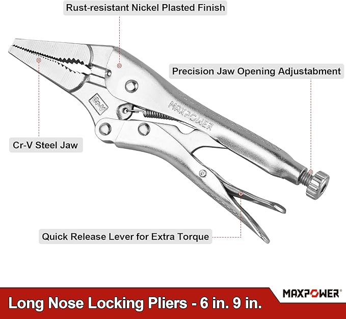 MAXPOWER 5-Piece Locking Pliers Set, Long Nose Pliers 9 Inch and 6 Inch, Curved Jaw Locking Plier 10 Inch 7 Inch and 5-Inch (Kitbag Included)