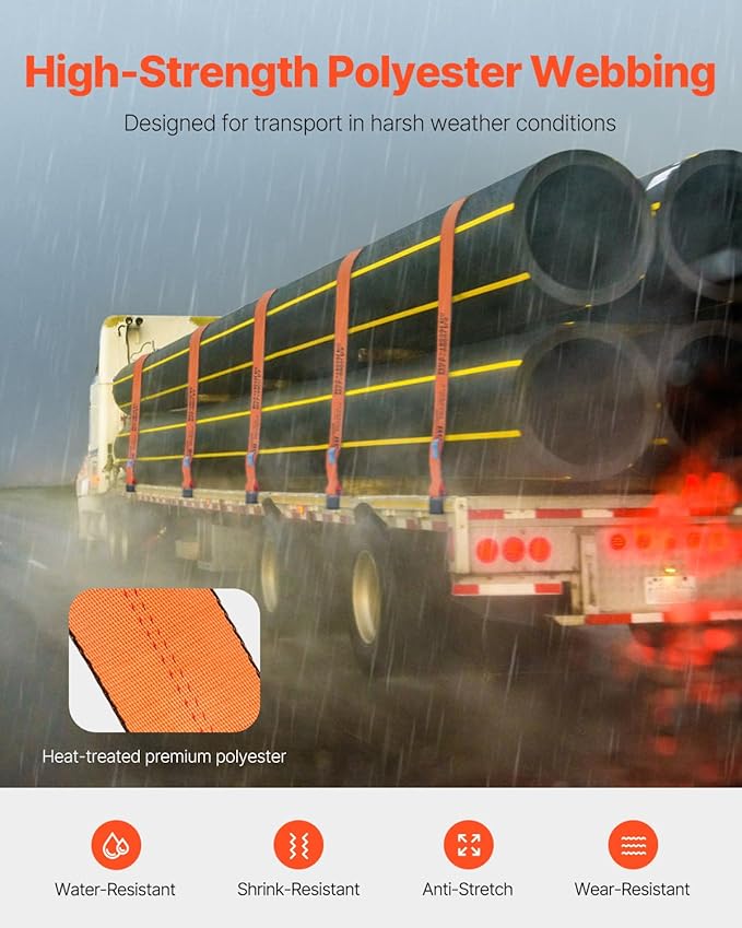 VEVOR Truck Straps, 4" x30' Heavy Duty Tie Down w/Flat Hooks 18,000lbs Break Strength, WLL# 6000lbs, Cargo Straps tie Down for Flatbeds, Trucks, Trailers, Farms, Rescues, Tree Saver, Orange(10 Pack)