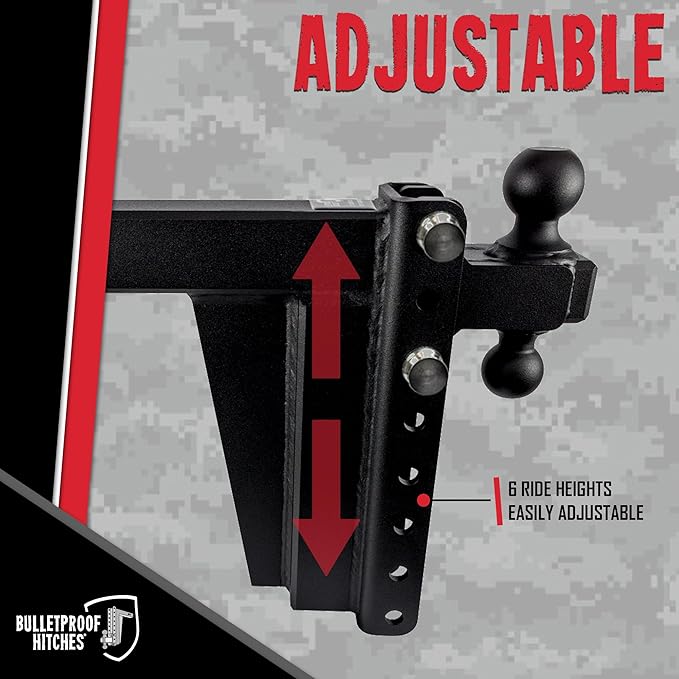 BulletProof Hitches - 2.5" Adjustable Extreme Duty Trailer Hitch (36,000 lb. Rating) - 10" Drop/Rise with 2" and 2 5/16" Dual Ball - Powder Coat, Solid Steel, Corrosion-Resistant