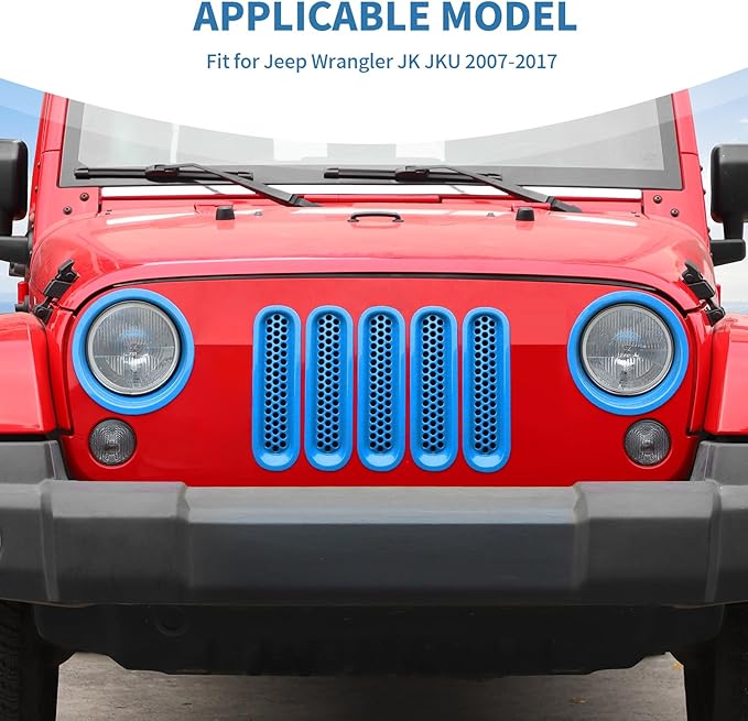 for Jeep JK Front Grille Inserts & Headlight Cover Trim Ring for Jeep Wrangler JK JKU 2007-2017 Light Blue Exterior Accessories 9pcs