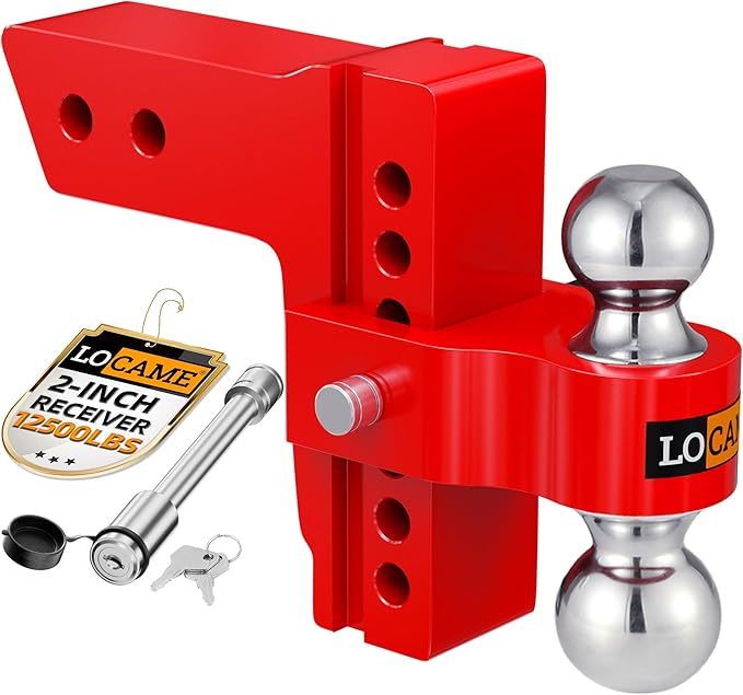 LOCAME Adjustable Trailer Hitch, Fits 2-Inch Receiver, 6-Inch Drop Aluminum 1-7/8'' & 2'' Tow Ball Drop Hitch,12,500 LBS GTW-Tow Hitch for Heavy Duty Truck with Double Stainless Locks, Red, LC0046