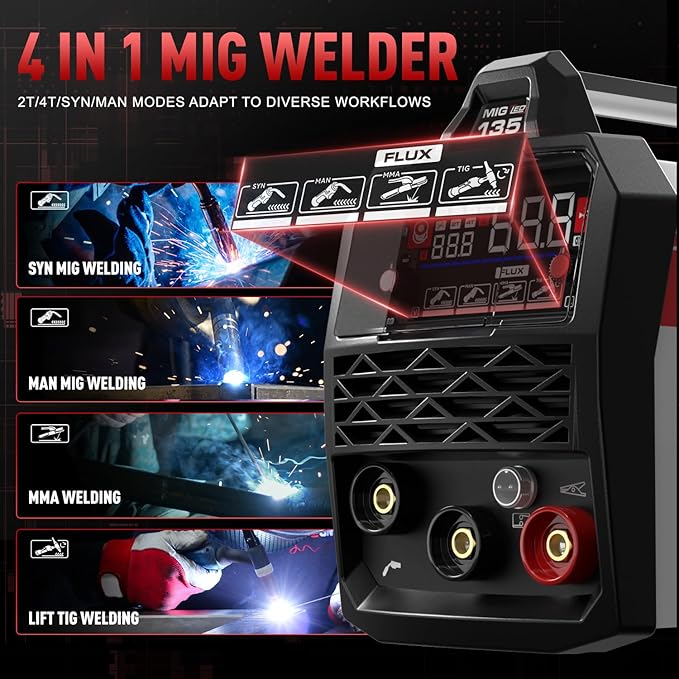 ANDELI 135A MIG Welder,110V/220V [Large LED Display] 3-in-1 Welder Flux Core MIG/Lift Tig/Stick Multiprocess Gasless MIG Welding Machine with Synergy，2T/4T Full Kit (Bonus Welding Helmet & Gloves)