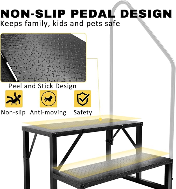 RV Steps with Handrail, Hot Tub Steps Outdoor, 2 Step Ladder Stool, RV Stairs with Anti-Slip Panel, Camper Steps for Spa, Travel Trailers, Pool and Porch