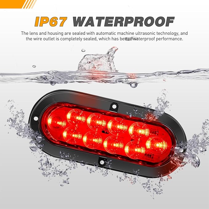 GOOACC 6Inch Oval Tail Light 2PCS Red 10LED Brake Stop Turn Signals Lights Surface Mount IP67 Waterproof for Trailer Truck RV Tractor Lorry Camper Van