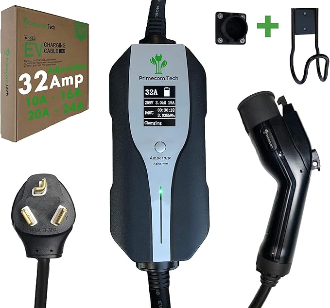 PRIMECOM.TECH Level 2 Electric Vehicle (EV) Charger Amperage Adjustable (10Amp - 16Amp - 20Amp - 24Amp - 32Amp) 30Ft Cable EVSE Plug-in Hybrid (50 FT, 10-30P)