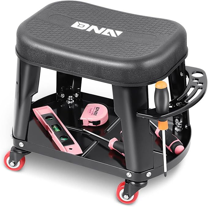 DNA Motoring TOOLS-00252 Removable Rolling Garage Stool with Seat Cushion & Tool Tray Plate,300lbs Max Weight Capacity