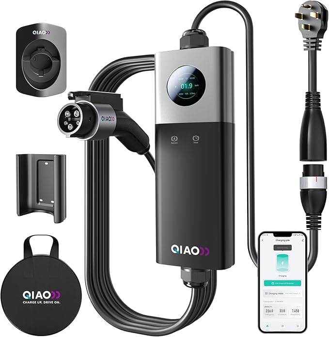 QIAO 40A Portable EV Charger & Mobile EV Charger Level 2, Replaceable Plug (NEMA 14-50 & More), Max 9.6kW Wall-Mount Power, J1772, 25ft Cable, 2.8" LCD for Home & Travel