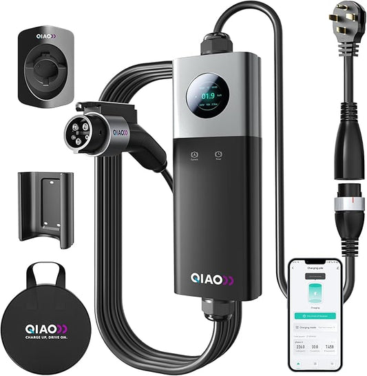 QIAO 40A Portable EV Charger & Mobile EV Charger Level 2, Replaceable Plug (NEMA 14-50 & More), Max 9.6kW Wall-Mount Power, J1772, 25ft Cable, 2.8" LCD for Home & Travel