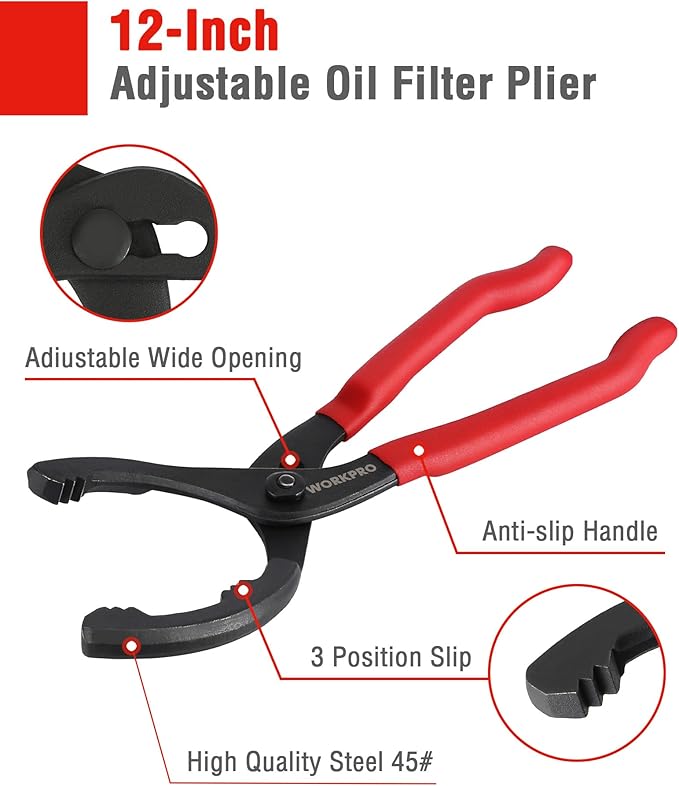 WORKPRO 2-Piece Oil Filter Wrench Set, 12” Adjustable Oil Filter Plier & 3-Jaw Universal Oil Filter Removal Tool, for Easy Oil Changes, Ideal for Car, Motorcycle, Truck Maintenance & Home Garage Use