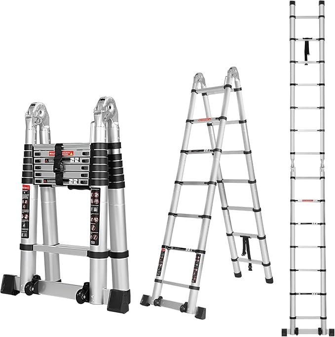 14.5FT A Frame Telescoping Ladder, Extension Multi-Purpose w/Balance Bar & Wheels, Ladder A Frame, Heavy Duty 330 lbs Max Capacity, Ideal for Home and Outdoor Work, Silver