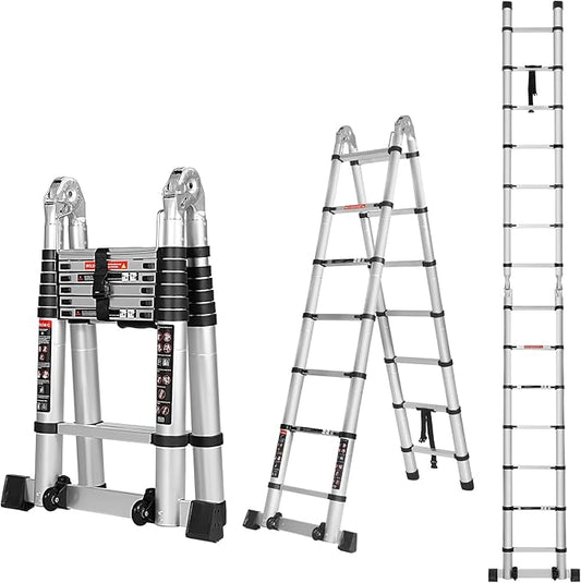 14.5FT A Frame Telescoping Ladder, Extension Multi-Purpose w/Balance Bar & Wheels, Ladder A Frame, Heavy Duty 330 lbs Max Capacity, Ideal for Home and Outdoor Work, Silver