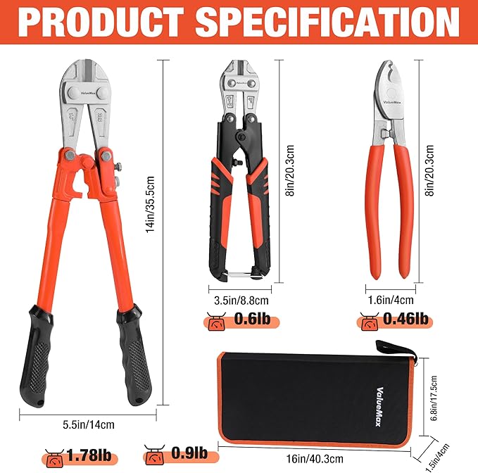 ValueMax Bolt Cutter Set, 3-Piece Heavy Duty, 14" and Mini 8" Cutters, 8" Cable Cutter With Carrying Bag for Locks, Steel Wire, Barbed Wire, Chains