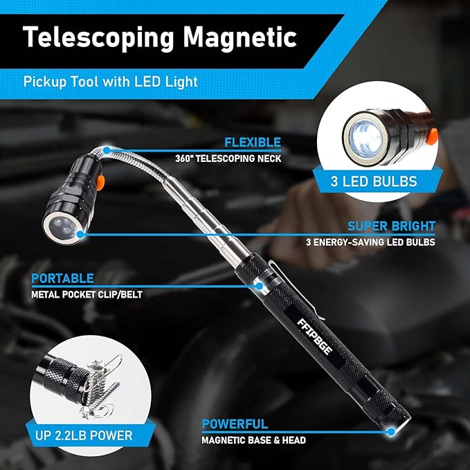 Magnet Pickup Tool with Telescoping Magnetic Flashlight and 6 in 1 Multitool Pen with Rulers, Bubble Level, Screwdrivers, Ballpoint, Christmas Stocking Stuffers for Men Adults, Birthday Gifts for Him