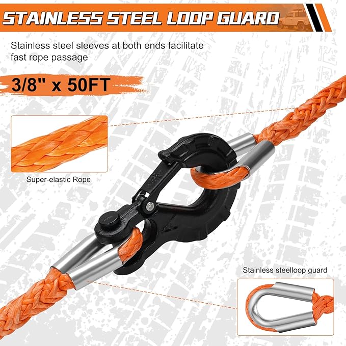 Synthetic Winch Rope Extension, 3/8Inch x 50Ft 26500 Lbs Winch Extension Cable Replacement Tow Ropes Line for Off Road Vehicle ATV UTV Truck SUV Jeep (Orange)