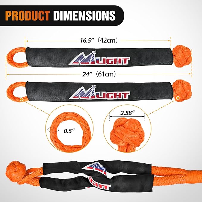 Nilight Kinetic Recovery Tow Rope Kit with 2 Soft Shackle 1" x 30ft Heavy Duty Offroad Tow Rope Snatch Strap Towing Strap kit (33,000LBS) for UTV ATV SUV Truck Car Jeep Tractor