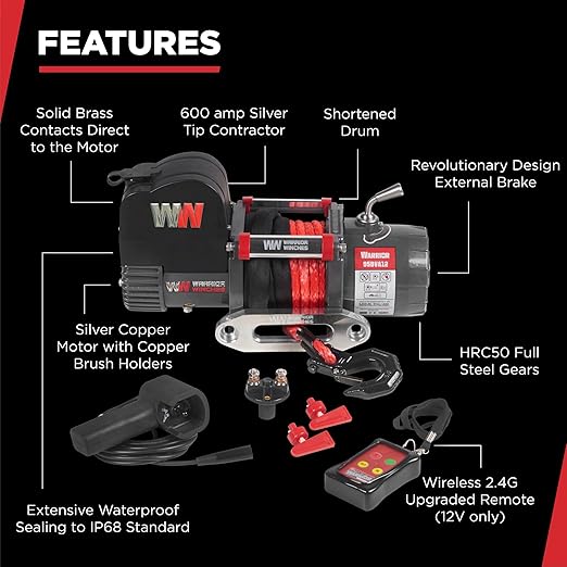Warrior Winches Samurai 9500 Short Drum lbs 12V Electric Winch with Synthetic Rope - Powerful Electric Winch for Trucks - 9500 lbs Load Capacity - Wireless Remote Included
