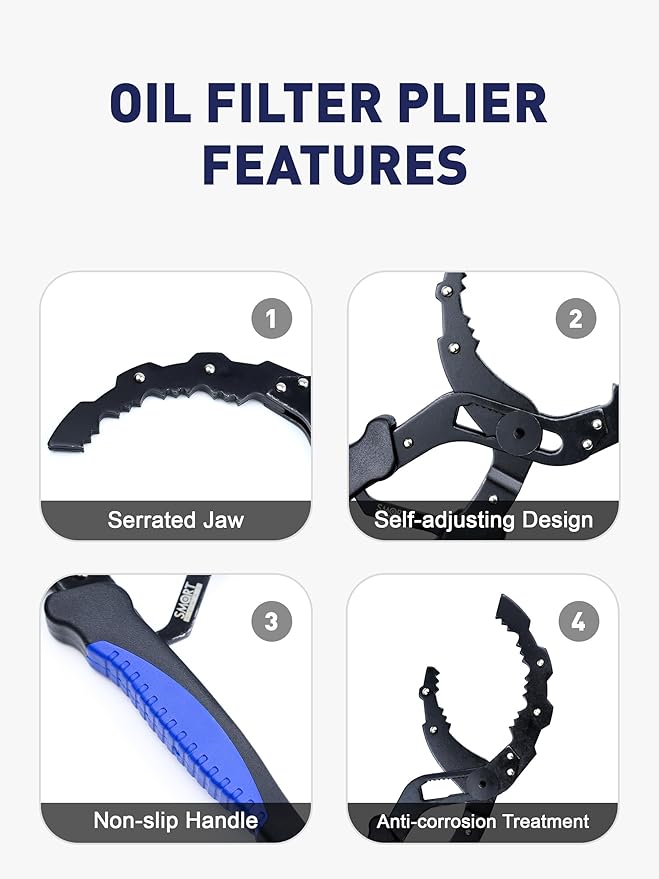 SMART JERRY - Adjustable Oil Filter Wrench | Self-Adjusting Oil Filter Removal Tool | Wide Oil Filter Remover | Motorcycle Fuel Filter Wrench | Automotive Oil Change Kit | Fit 2-5'' Filters