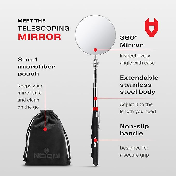 NoCry Heavy Duty Telescoping Inspection Mirror — 3.23 Inch Round Mirror on a Stick; 2-in-1 Storage Pouch; Extendable Mirror up to 30in; Non-Slip Handle; 360° Inspection Mirror Telescoping Swivel Head