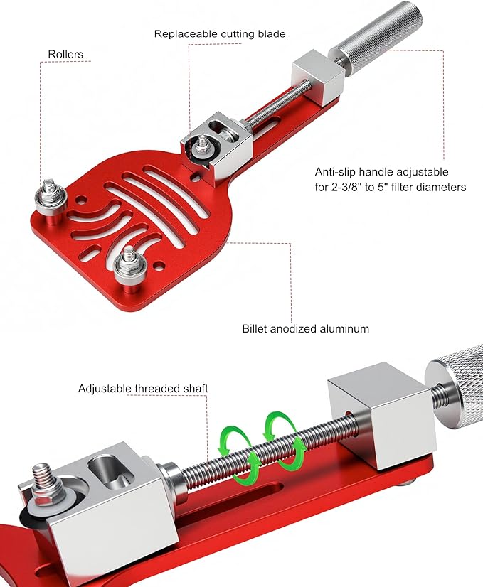 77750 Oil Filter Cutter, Oil Filter cutting tool for Adjustable cut range 2-3/8"-5", with a spare cutting blade for car, truck, motorcycle, lawn mower, airplane, Universal fit, Aluminum, red