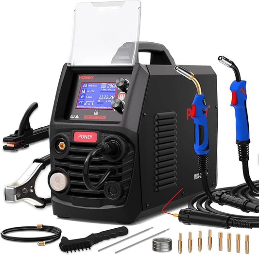 PONEY 200Amp Double Pulse MIG Aluminum Welder 9 in 1 MIG/MAG/FLUX/MIG Synergy/Single Pulse MIG/Double Pulse MIG/TIG LIFT/Spot Welding/MMA 220V Multi Process Welding Machine with LCD Digital Display