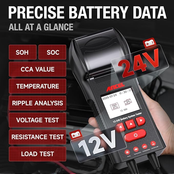 ANCEL BST600 Car Battery Tester with Printer - 12V/24V, 100-2000 CCA, Digital Auto Battery Load Tester - Cranking and Charging System Test for Heavy Duty Truck, Marine, Motorcycles, RVs, SUVs, Boats