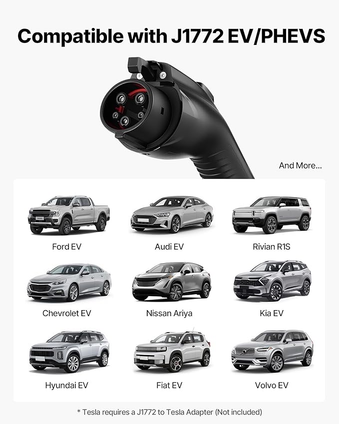 VEVOR Level 2 EV Charger, 32 Amp Adjustable Current, 240V Electric Vehicle Portable Charger with 25 ft Charging Cable, NEMA 14-50P Plug, LCD Display, Plug-in Home Car Charging Station for SAE J1772 EV