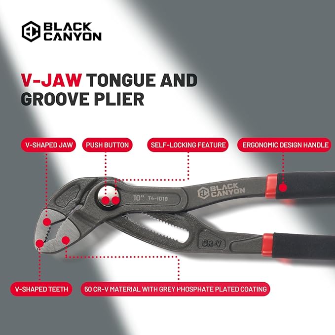 BLACK CANYON Groove Joint Plier 10in, V-Jaw Tongue and Groove Plier with Fast Adjustable 25 Jaw Positions, 50 Cr-V Steel, Ergonomic Handle for Automotive Repairs, Nuts, Bolts, Plumbing, Gripping