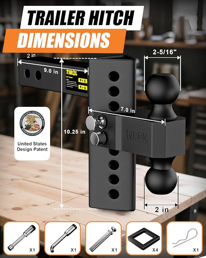 TIROL Adjustable Trailer Hitch - Fits 2'' Receiver 6 Drop/Rise for Truck Hitch, 2'' & 2-5/16'' Ball Hitch, 22000 LBS GTW - Heavy Duty Tow Hitch with Two Anti-Theft Locking Hitch Pins