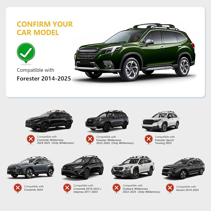 Roof Rack Cross Bars Compatible with Subaru Forester 2014-2026, Adjustable Aluminum Heavy Duty 300 LBS Anti-Theft Lock Cargo Carrier Rooftop Crossbar Accessories for Bike, Basket, Snowboard, Luggage