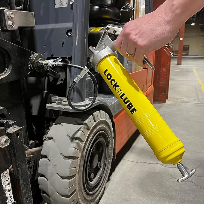 LockNLube Premium Pistol-Grip Grease Gun. Includes our patented LockNLube® Grease Coupler (locks on, stays on, won't leak!) plus a high-quality 20" hose and in-line hose swivel.