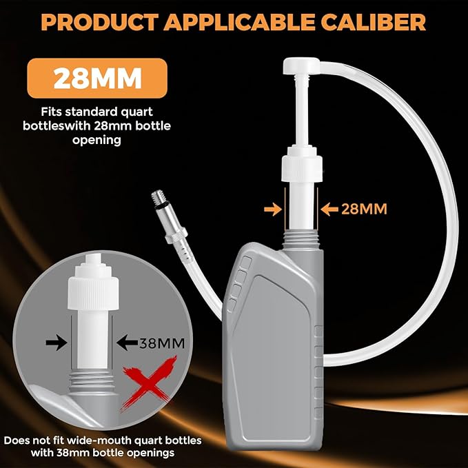 Lower Unit Gear Oil Pump for Standard Quart Bottles for 28mm bottle caps，10CC Per Pump Stroke，gear oil pump for quart bottle 3/8 inch Metal Swivel， 8mm and 10mm， 3rd Hand Adapter and 19 inch hose